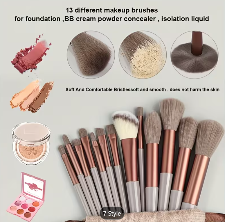 13pc Makeup Brush Set with Storage Bag & Powder Puff | Foundation, Blush & Eyeshadow