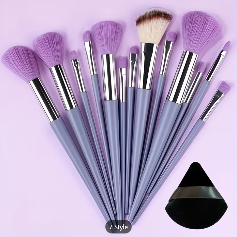 13pc Makeup Brush Set with Storage Bag & Powder Puff | Foundation, Blush & Eyeshadow