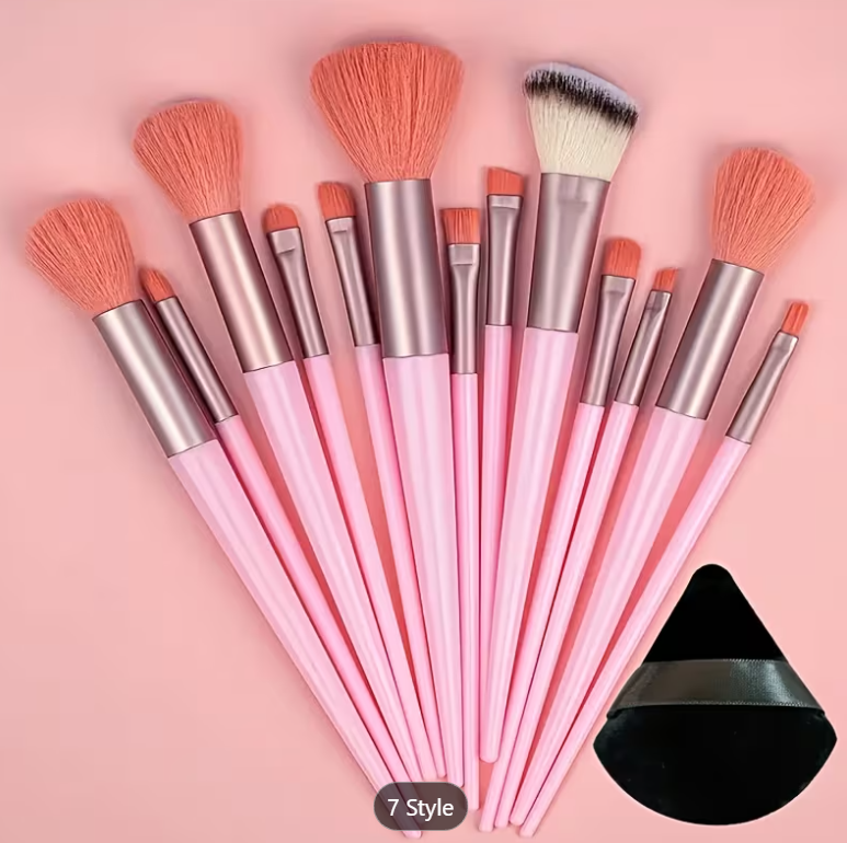 13pc Makeup Brush Set with Storage Bag & Powder Puff | Foundation, Blush & Eyeshadow